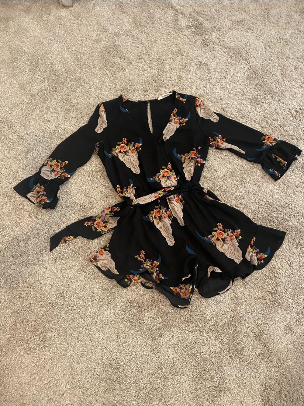 Peach Love California Black Floral Long-Sleeve Romper